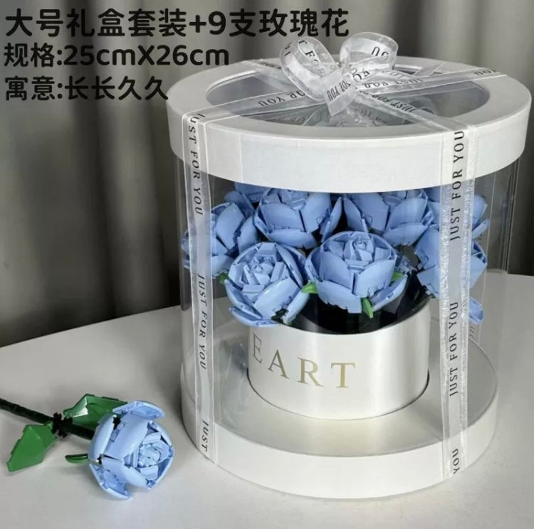 Block Building Romantic Elernal Flowers Bouquet Gift Box | Pink Red Blue White Rose - with LED Lights Valentine Wedding Gift DIY Handmade Gift