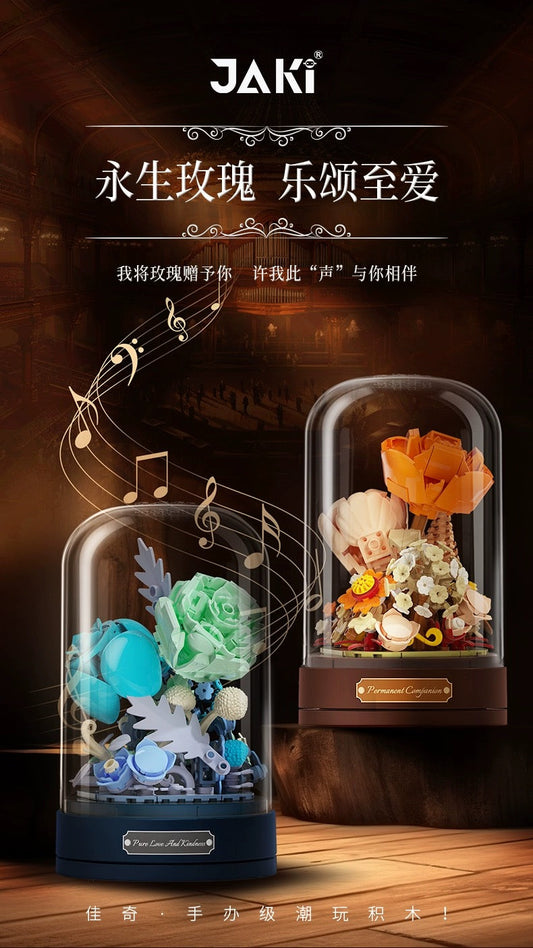 Mini Block Building Block Romantic Flower Music Box | Blue Rose Autumn Flower - DIY Valentine Wedding Handmade Gift