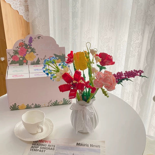 Block Building Plants Flowers Dairy 25 Styles | Tulip SunFlower Daisy Gerbera Baby Breath Lavender Rosa Jasmine Lily Bell- Valentine Wedding Gift DIY Handmade Gift