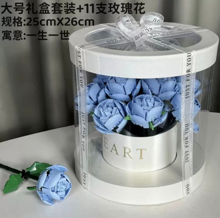 Block Building Romantic Elernal Flowers Bouquet Gift Box | Pink Red Blue White Rose - with LED Lights Valentine Wedding Gift DIY Handmade Gift