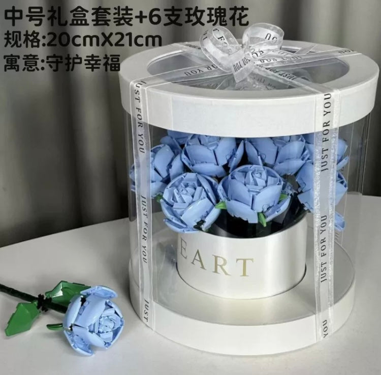 Block Building Romantic Elernal Flowers Bouquet Gift Box | Pink Red Blue White Rose - with LED Lights Valentine Wedding Gift DIY Handmade Gift