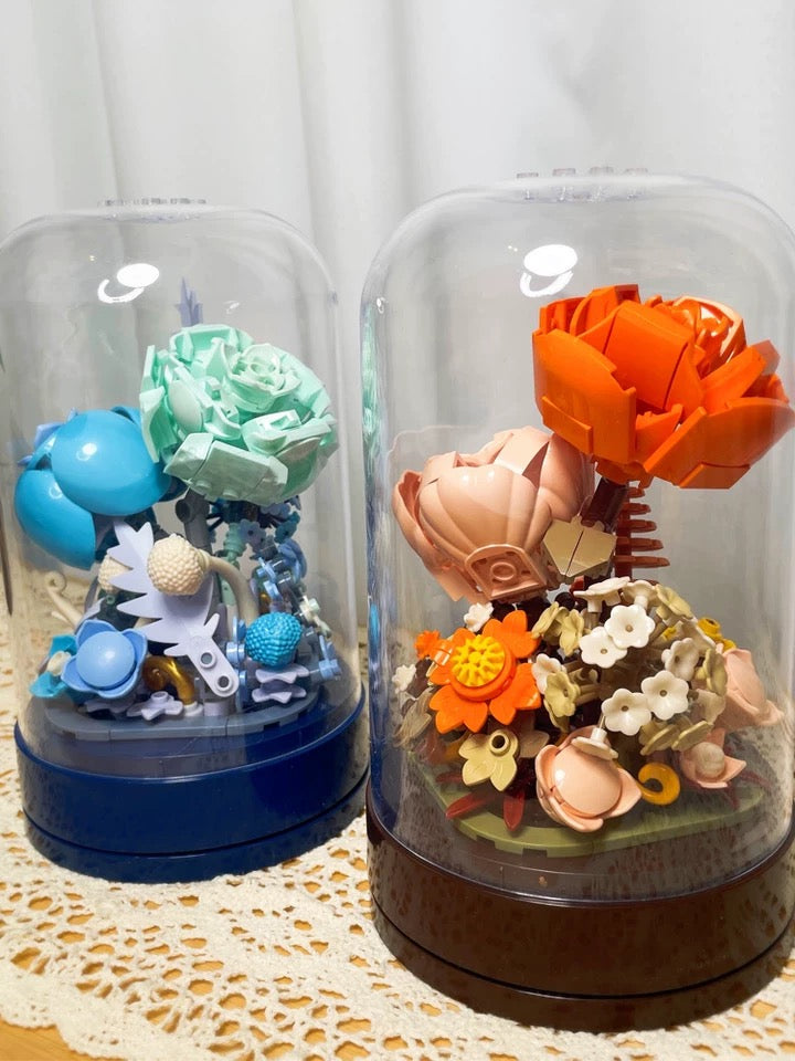 Mini Block Building Block Romantic Flower Music Box | Blue Rose Autumn Flower - DIY Valentine Wedding Handmade Gift