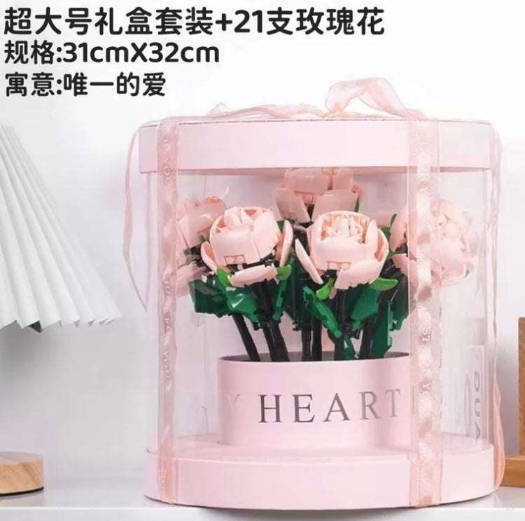 Block Building Romantic Elernal Flowers Bouquet Gift Box | Pink Red Blue White Rose - with LED Lights Valentine Wedding Gift DIY Handmade Gift