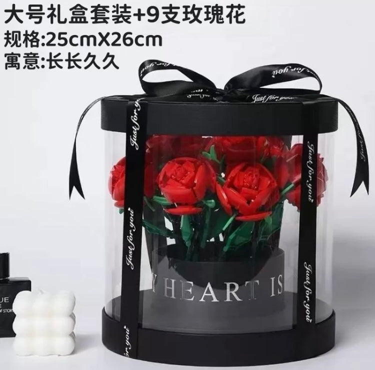 Block Building Romantic Elernal Flowers Bouquet Gift Box | Pink Red Blue White Rose - with LED Lights Valentine Wedding Gift DIY Handmade Gift