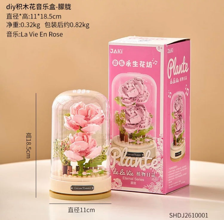 Block Building Romantic Flower Music Box | Hibiscus Rose Lily Bell Jasmine - DIY Valentine Wedding Handmade Gift