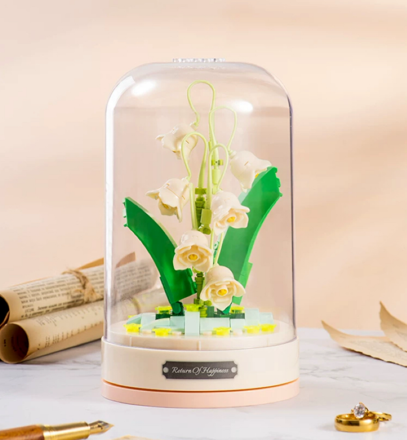 Block Building Romantic Flower Music Box | Hibiscus Rose Lily Bell Jasmine - DIY Valentine Wedding Handmade Gift