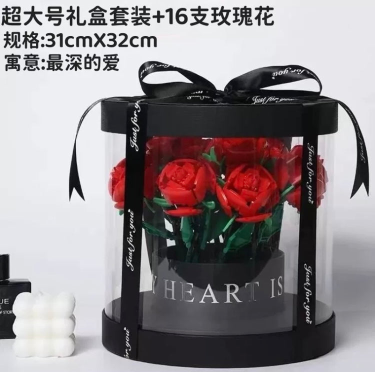 Block Building Romantic Elernal Flowers Bouquet Gift Box | Pink Red Blue White Rose - with LED Lights Valentine Wedding Gift DIY Handmade Gift