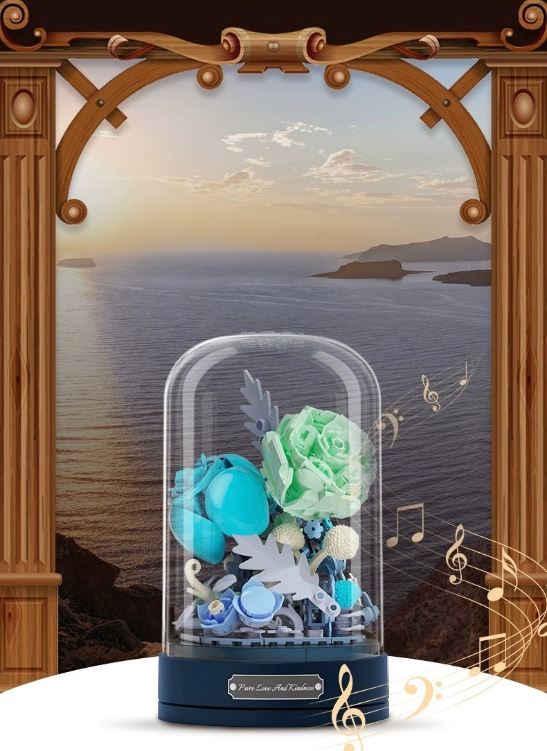 Mini Block Building Block Romantic Flower Music Box | Blue Rose Autumn Flower - DIY Valentine Wedding Handmade Gift