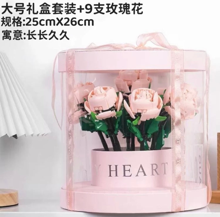 Block Building Romantic Elernal Flowers Bouquet Gift Box | Pink Red Blue White Rose - with LED Lights Valentine Wedding Gift DIY Handmade Gift