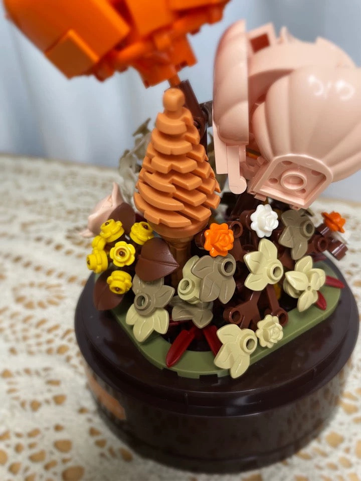 Block Building Romantic Flower Music Box | Blue Rose Autumn Flower - DIY Valentine Wedding Handmade Gift