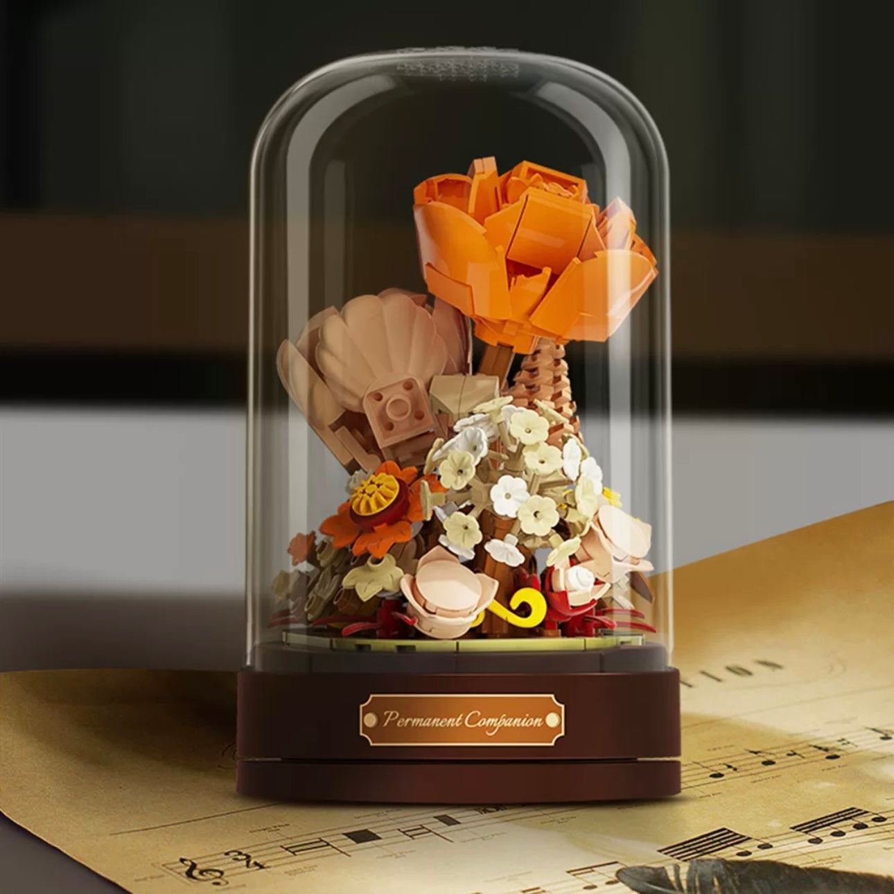 Block Building Romantic Flower Music Box | Blue Rose Autumn Flower - DIY Valentine Wedding Handmade Gift